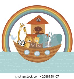 Vector illustration with Noah's Ark, Bible story concept for kids. Cute poster can be used for different designs, covers, nursery decorations, sunday school activities