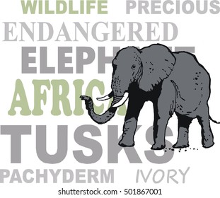 Vector illustration of noble elephant with conservation lettering background. 