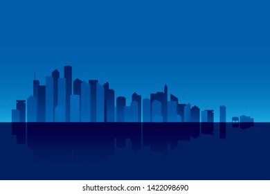 Vector illustration. Nocturn skyline background in blue tones, with sea and sky.