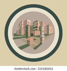ilustración vectorial de una ciudad noir, vista de perspectiva de dos puntos, placa circular, logotipo, etiqueta