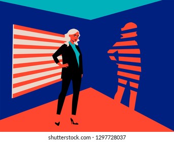 Vector illustration in noir style of serious blonde woman in working suite standing in center of the room. 