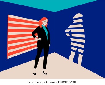 Vector illustration in noir style of serious blonde woman in working suite standing in center of the room. 