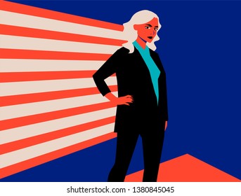 Vector illustration in noir style of serious blonde woman in working suite standing in center of the room. 