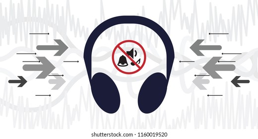 vector illustration of noise reduction headphones with sounds cancelling icon and music waves on background