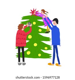Vector Illustration of Non Traditional Homosexual Family Couple decorate the Christmas tree. One parent holds his daughter in his arms, and the other photographs them on a smartphone