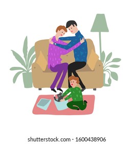 Vector illustration of Non Traditional Homosexual Family Couple sit on the couch, gently hug each other and look at their child, kid who received a cat, a kitten as a present for his birthday