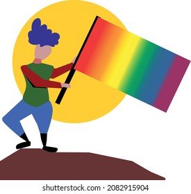 A Vector illustration of a Non-Binary Character standing atop of a hill holding a LGBTQ flag, LGBTQ+ rights and activism concept. Pride flag, beating patriarchy concept.