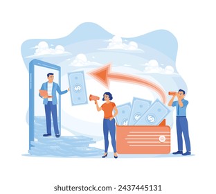 Ilustración vectorial de transacciones que no son en efectivo. Hombres y mujeres explican los sistemas de pago y las transacciones digitales. Concepto de transacciones financieras. Ilustración vectorial plana.