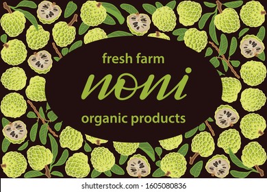 vector illustration of noni and leaf design with lettering noni background brown text fresh farm organic product EPS10