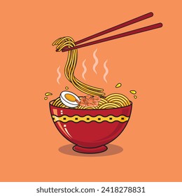 Ilustración vectorial del tazón de fideos con ramen de huevo y camarón 