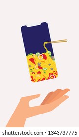 Vector illustration of noodle phone and hand. Food delivery concept. Chinese noodles with chopsticks. Online Food Delivery. Smartphone visual for food delivery.