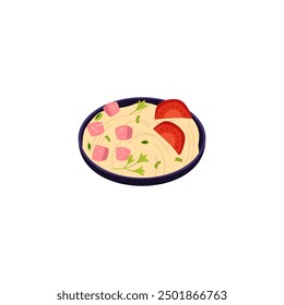 Vector illustration of noodles in a bowl with sliced sausage and tomatoes. Asian cuisine design in flat cartoon style on isolated background. Great for culinary themes.