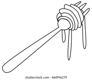 Vector illustration of noodles on fork in black and white outlined doodle style