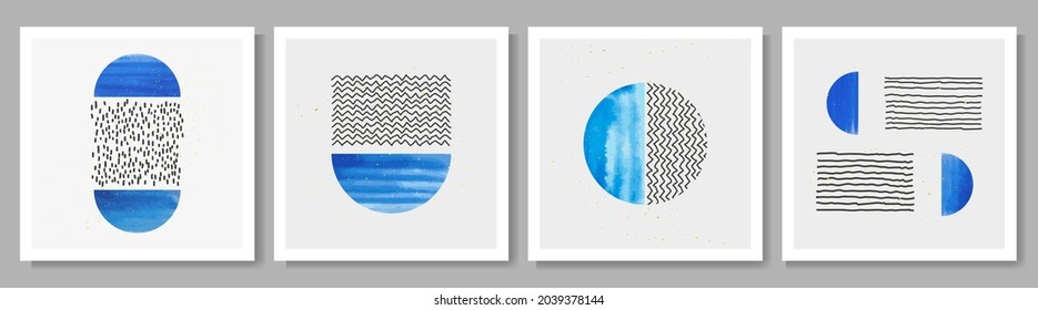 Vector illustration. Nordic concept. Scandinavian style. Design elements for social media template, web banner. Abstract hand drawn lines and watercolor blue color paint splash. Contemporary art