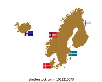 vector illustration of Nordic countries map with flags