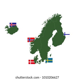 Vector Illustration Of Nordic Countries Maps And Flags