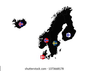 Vector Illustration Of Nordic Countries Maps And Flags