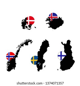 vector illustration of Nordic countries maps and flags 