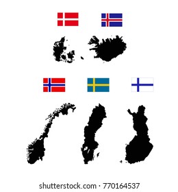 Vector Illustration Of Nordic Countries Maps And Flags 