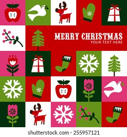 A vector illustration of nordic or scandinavian inspired christmas symbols like christmas reindeer, christmas gift, christmas flowers, christmas decoration and more.