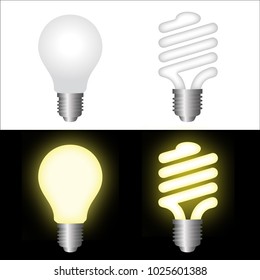 Vector illustration of a normal light bulb and a light bulb in the off and on versions for both models.