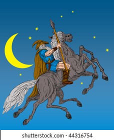 vector of illustration of the Norse God Odin riding eight-legged horse, Sleipner in the wild hunt. Hand  sketched and drawn.