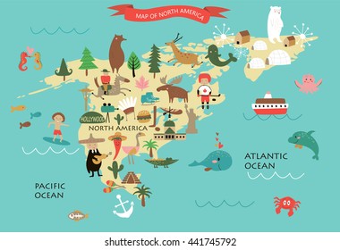 Vector Illustration Of North America With Its Animals And National Peculiarities