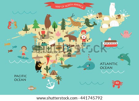Vector illustration of North America with its animals and national peculiarities