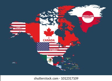 vector illustration of North America map mixed with national flags