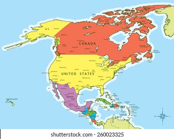 Vector illustration of North America map with countries in different colors. Each country has its capital and major cities. Global colors used.