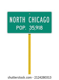 Vector illustration of the North Chicago Population green road sign on yellow metallic post