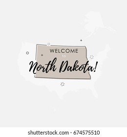 Vector illustration of North Dakota state map over US map in trendy flat line style.