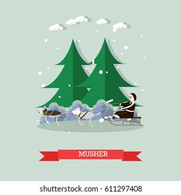 Vector illustration of north landscape and musher riding dog sled. Dog sledding flat style design element.