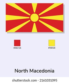 Ilustración vectorial de la bandera de Macedonia del Norte aislada en un fondo azul claro. Ilustración de la bandera de Macedonia del Norte con códigos de color. Lo más cerca posible del original. listo para usar, fácil de editar. 
