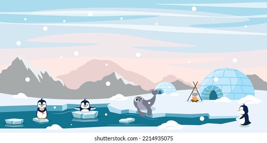 Vector illustration of the North Pole. Cartoon ice landscape with penguins, fur seal, eskimo needles of mountains backdrop.