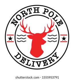 Vector illustration of North Pole mail delivery service stamp with reindeer graphic.
