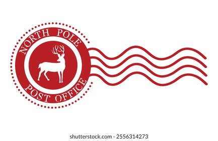 Vector illustration of North Pole mail delivery service stamp with reindeer isolated on white background. Postage mark.Christmas decorative element for handmade gifts with text.