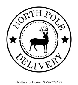 Vector illustration of North Pole mail delivery service stamp with reindeer isolated on white background. Postage mark.