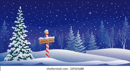 Vector illustration of a North Pole sign in the woods