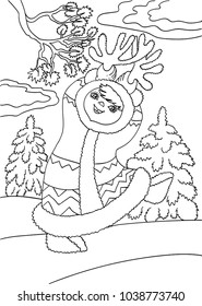 vector illustration of a Northern boy playing with deer horns