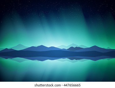 Vektorgrafik: Nordlandschaft mit Aurora, See und Berge am Horizont.