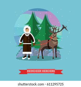 Vector illustration of northern landscape with eskimo male and reindeer. Reindeer herder concept design element in flat style.