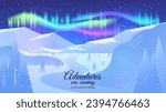 Vector illustration. Northern lights. Aurora borealis. Mountains with forest and road. Design for background, wallpaper, invitation, web.