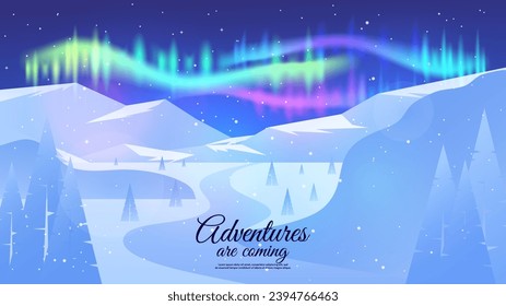 Vector illustration. Northern lights. Aurora borealis. Mountains with forest and road. Design for background, wallpaper, invitation, web.