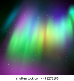 Vector illustration of northern lights background in green and violet colors.