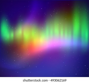 Vector illustration of northern lights background in green, blue and violet colors.