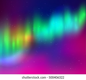 Vector illustration of northern lights background in green, cyan and magenta colors.