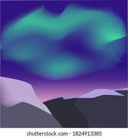 Vector illustration of the northern lights and mountains. Scandinavian landscape.