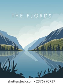 Vector illustration. Norway, Fjords. Background for poster, vertical banner, postcard.