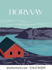 Vektorgrafik. Norwegen, Lofoten. Design für Poster, Banner, Postkarte Reiseposter. Skandinavien. Rote Häuser.